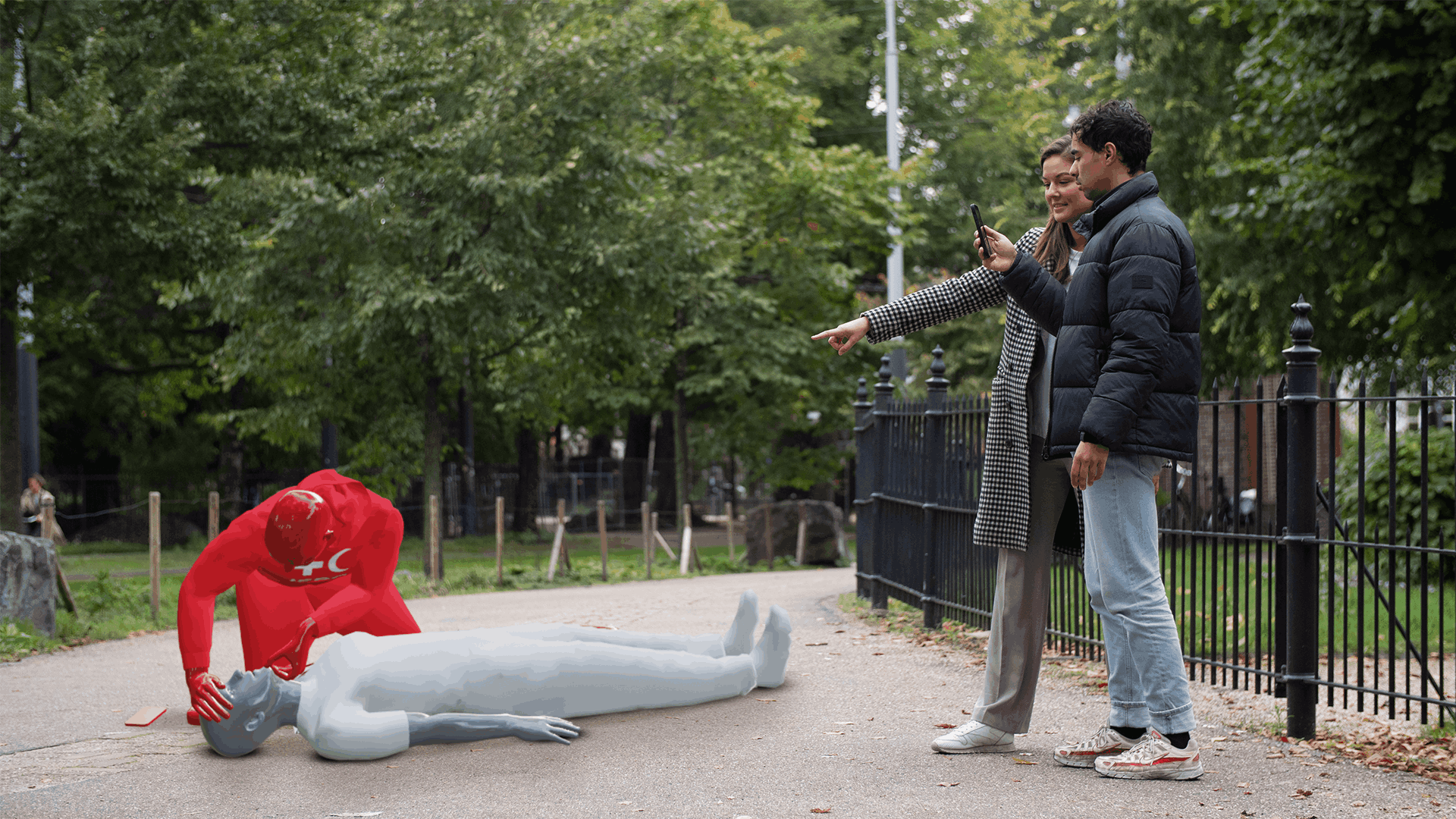 The Snapchat AR lens in action with two people seeing CPR shown in AR