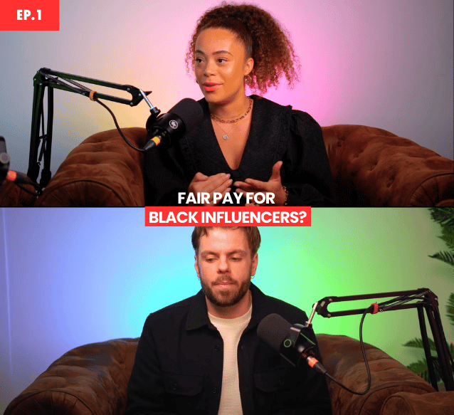 A man and woman are talking in microphones, text on the screen says 'fair play for black influencers'