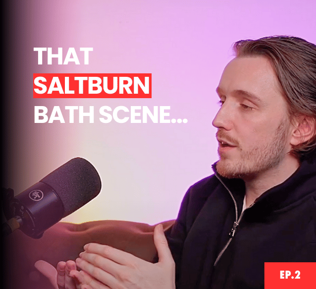 A man speaks into a microphone, text on the screen says 'That Saltburn bath scene'