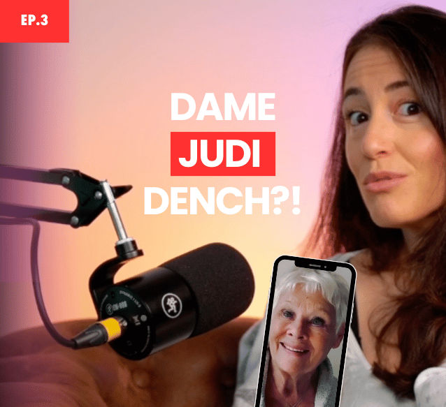 Episode 3 is labelled in the top left corner, a woman speaksinto a microphone with a picture of Judi Dench in a phone below