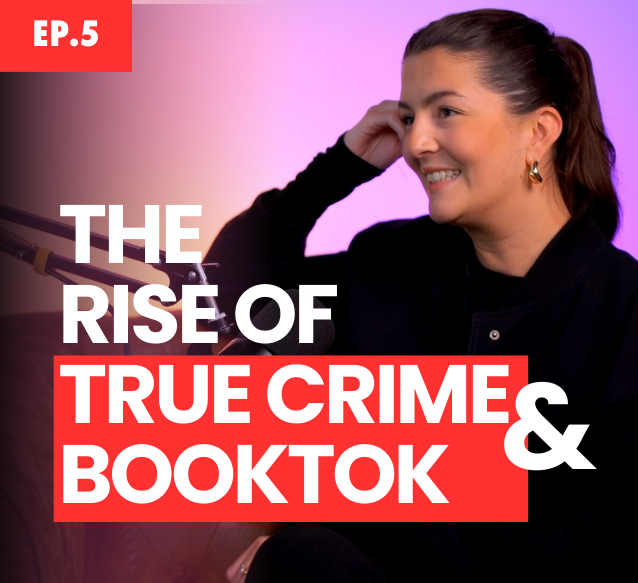 A woman sits and smiles while wearing a headset, with a microphone in front of her. The image features text reading