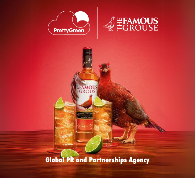 A bottle of The Famous Grouse whisky and two cocktails with lime wedges are displayed against a red background. A grouse is perched next to the glass on the right. Logos of PrettyGreen and The Famous Grouse are at the top. Text reads,
