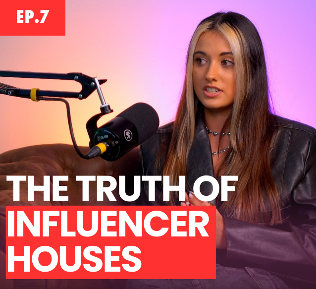 A woman speaks into a microphone looking animated. Text on screen says 'Ep.7' and 'The truth of influencer houses'