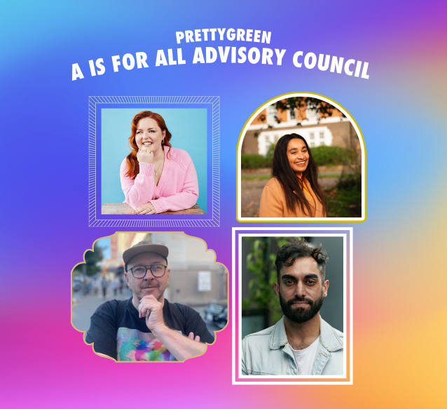 A colorful graphic featuring four photos of smiling individuals framed in various shapes against gradient backgrounds. The text at the top reads